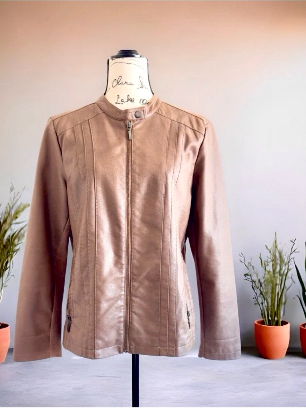 Christopher & Banks Blush Taupe Faux Leather Zip Jacket